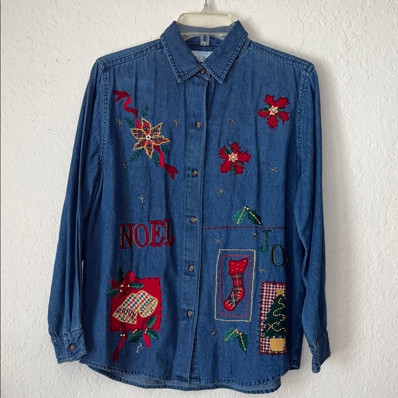 Vintage Jean Shirt • Denim Button-Up Shirt with Holiday Embroidery • Christmas - Picture 3 of 11